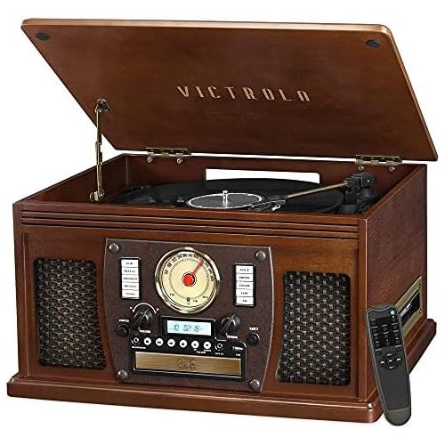  Victrola 8-in-1 Bluetooth Record Player & Multimedia Center, Built-in Stereo Speakers - Turntable, Wireless Music Streaming, Real Wood Espresso