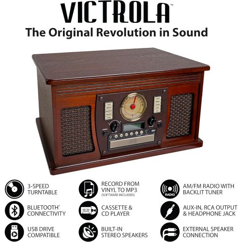  Victrola 8-in-1 Bluetooth Record Player & Multimedia Center, Built-in Stereo Speakers - Turntable, Wireless Music Streaming, Real Wood Espresso