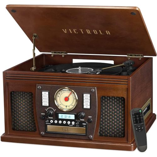 Victrola 8-in-1 Bluetooth Record Player & Multimedia Center, Built-in Stereo Speakers - Turntable, Wireless Music Streaming, Real Wood Espresso
