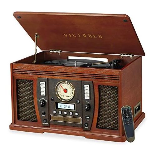  Victrola Aviator 8-in-1 Bluetooth Record Player & Multimedia Center with Built-in Stereo Speakers - 3-Speed Turntable, Vinyl to MP3 Recording, Wireless Music Streaming, Mahogany