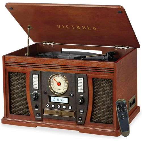  Victrola Aviator 8-in-1 Bluetooth Record Player & Multimedia Center with Built-in Stereo Speakers - 3-Speed Turntable, Vinyl to MP3 Recording, Wireless Music Streaming, Mahogany