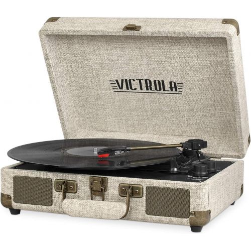  Victrola Vintage 3-Speed Bluetooth Portable Suitcase Record Player with Built-in Speakers | Upgraded Turntable Audio Sound| Includes Extra Stylus | Light Beige Linen