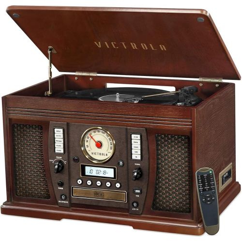  Victrola Aviator 8-in-1 Bluetooth Record Player & Multimedia Center with Built-in Stereo Speakers - 3-Speed Turntable, Vinyl to MP3 Recording | Wireless Music Streaming | Espresso