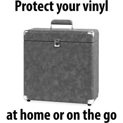  Victrola Vintage Vinyl Record Storage and Carrying Case, Fits all Standard Records - 33 1/3, 45 and 78 RPM, Holds 30 Albums, Perfect for your Treasured Record Collection, Gray, 1SF