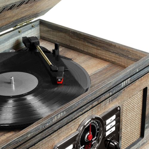  Victrola 6-in-1 Nostalgic Bluetooth Record Player with 3-Speed Turntable, Farmhouse Shiplap Grey, 1SFA (VTA-200B-FSG)