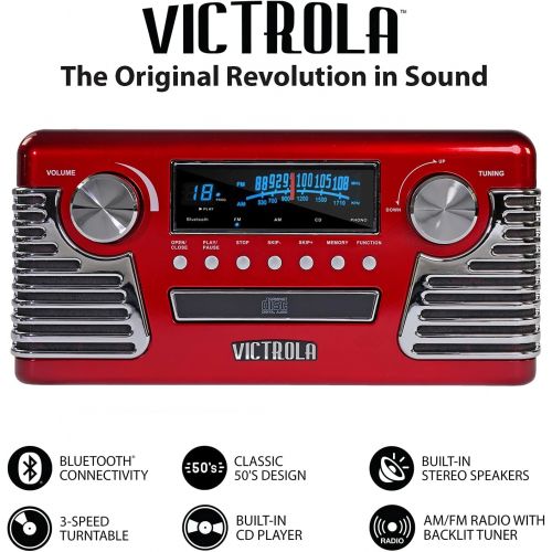  Victrola 50s Retro Bluetooth Record Player & Multimedia Center with Built-in Speakers - 3-Speed Turntable, CD Player, AM/FM Radio | Vinyl to MP3 Recording | Wireless Music Streamin