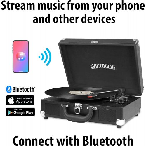  [아마존베스트]Victrola Vintage 3-Speed Bluetooth Portable Suitcase Record Player with Built-in Speakers | Upgraded Turntable Audio Sound| Includes Extra Stylus | Black, Model Number: VSC-550BT-B