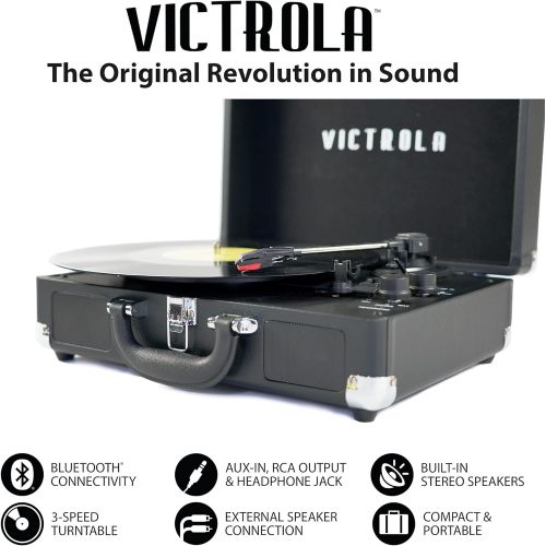 [아마존베스트]Victrola Vintage 3-Speed Bluetooth Portable Suitcase Record Player with Built-in Speakers | Upgraded Turntable Audio Sound| Includes Extra Stylus | Black, Model Number: VSC-550BT-B