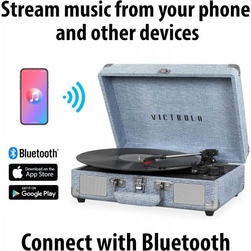  [아마존베스트]Victrola Vintage 3-Speed Bluetooth Portable Suitcase Record Player with Built-in Speakers | Upgraded Turntable Audio Sound| Includes Extra Stylus | Light Denim Blue Linen