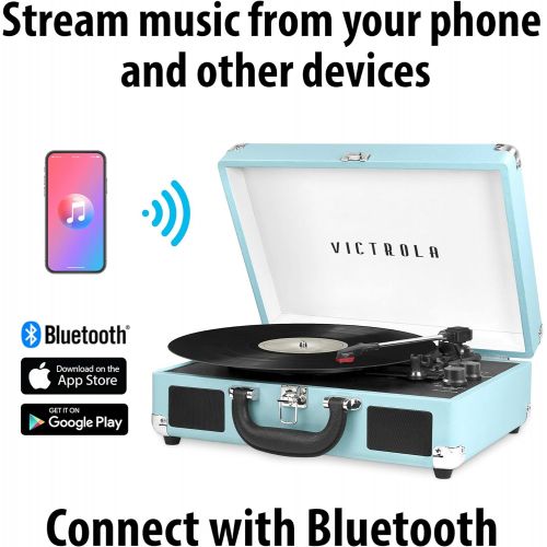  Victrola Vintage 3-Speed Bluetooth Portable Suitcase Record Player with Built-in Speakers Upgraded Turntable Audio Sound Includes Extra Stylus Turquoise, Model Number: VSC-550BT