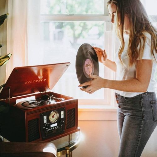  Victrola 8-in-1 Bluetooth Record Player & Multimedia Center, Built-in Stereo Speakers - Turntable, Wireless Music Streaming, Real Wood Mahogany