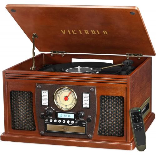  Victrola 8-in-1 Bluetooth Record Player & Multimedia Center, Built-in Stereo Speakers - Turntable, Wireless Music Streaming, Real Wood Mahogany