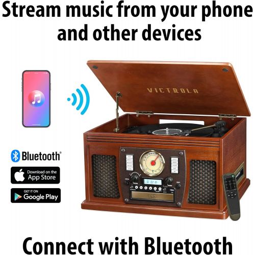  Victrola 8-in-1 Bluetooth Record Player & Multimedia Center, Built-in Stereo Speakers - Turntable, Wireless Music Streaming, Real Wood Mahogany