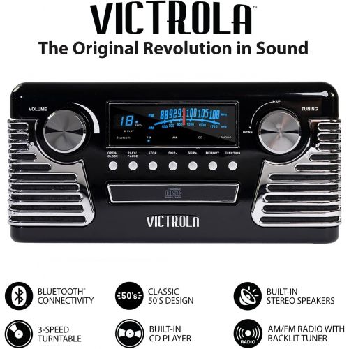  Victrola 50s Retro Bluetooth Record Player & Multimedia Center with Built-in Speakers - 3-Speed Turntable, CD Player, AM/FM Radio Vinyl to MP3 Recording Wireless Music Streaming Bl