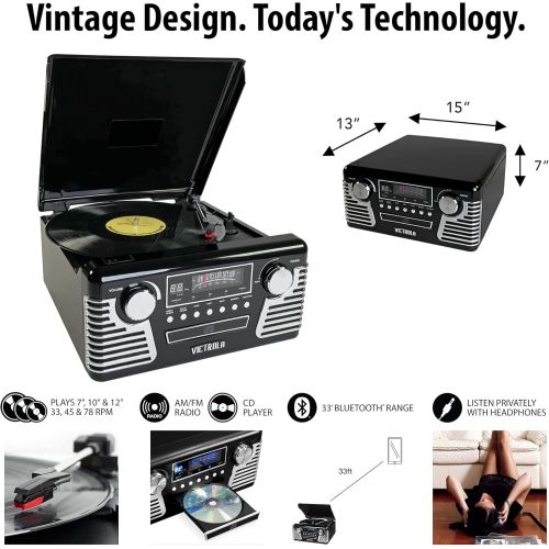  Victrola 50s Retro Bluetooth Record Player & Multimedia Center with Built-in Speakers - 3-Speed Turntable, CD Player, AM/FM Radio Vinyl to MP3 Recording Wireless Music Streaming Bl