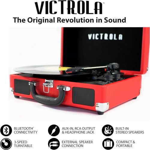  Victrola Vintage 3-Speed Bluetooth Portable Suitcase Record Player with Built-in Speakers Upgraded Turntable Audio Sound Includes Extra Stylus Red, 1SFA (VSC-550BT-RD)