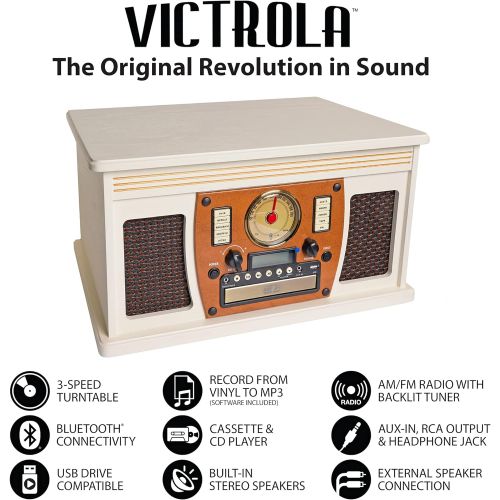  Victrola 8-in-1 Bluetooth Record Player & Multimedia Center, Built-in Stereo Speakers - Turntable, Wireless Music Streaming, Real Wood White