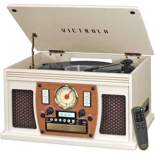  Victrola 8-in-1 Bluetooth Record Player & Multimedia Center, Built-in Stereo Speakers - Turntable, Wireless Music Streaming, Real Wood White