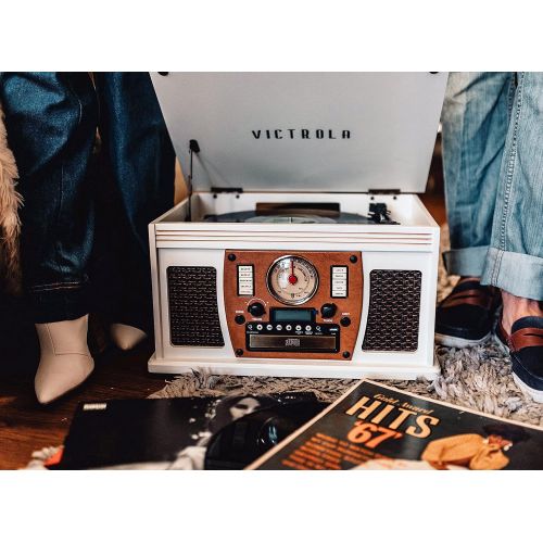  Victrola 8-in-1 Bluetooth Record Player & Multimedia Center, Built-in Stereo Speakers - Turntable, Wireless Music Streaming, Real Wood White