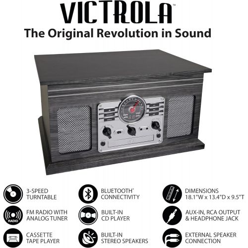  Victrola Nostalgic 6-in-1 Bluetooth Record Player & Multimedia Center with Built-in Speakers - 3-Speed Turntable, CD & Cassette Player, AM/FM Radio Wireless Music Streaming Grey