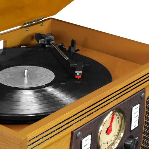  Victrola 8-in-1 Bluetooth Record Player & Multimedia Center, Built-in Stereo Speakers - Turntable, Wireless Music Streaming, Real Wood Oak