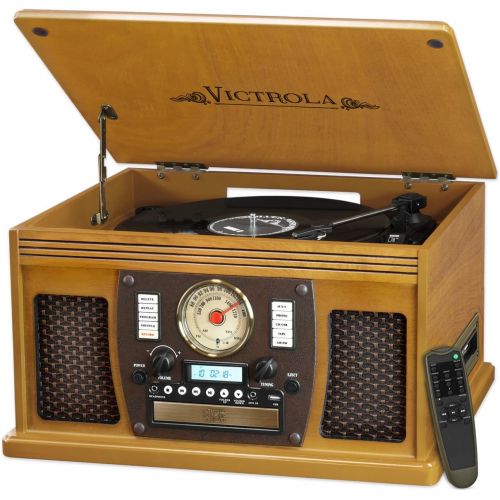  Victrola 8-in-1 Bluetooth Record Player & Multimedia Center, Built-in Stereo Speakers - Turntable, Wireless Music Streaming, Real Wood Oak