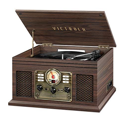  Victrola Nostalgic Classic Wood 6-in-1 Bluetooth Turntable Entertainment Center, Mahogany