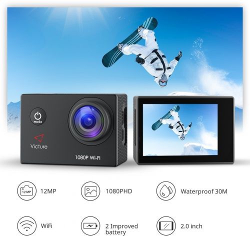  Victure Action Kamera WiFi Full HD 1080P Helmkamera Motorrad Sports Action Camera Cam 2.0 Zoll Wasserdichte Unterwasserkamera mit 170° Weitwinkel, 2 Verbesserten Batterien und Zube