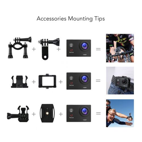  Victure Action Cam Full HD 1080P 12MP wasserdichte Sport Action Kamera 1050mAh Batterien 170 ° Weitwinkel 20+ Kit