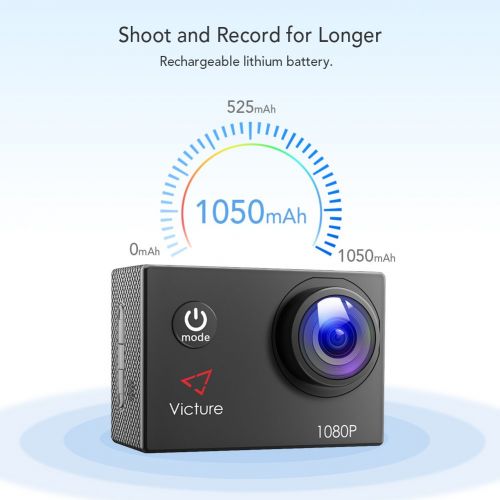  Victure Action Cam Full HD 1080P 12MP wasserdichte Sport Action Kamera 1050mAh Batterien 170 ° Weitwinkel 20+ Kit