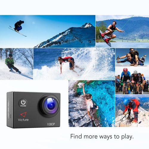  Victure Action Cam Full HD 1080P 12MP wasserdichte Sport Action Kamera 1050mAh Batterien 170 ° Weitwinkel 20+ Kit