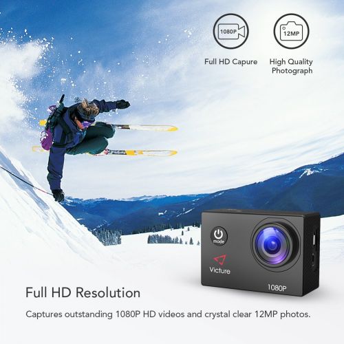  Victure Action Cam Full HD 1080P 12MP wasserdichte Sport Action Kamera 1050mAh Batterien 170 ° Weitwinkel 20+ Kit
