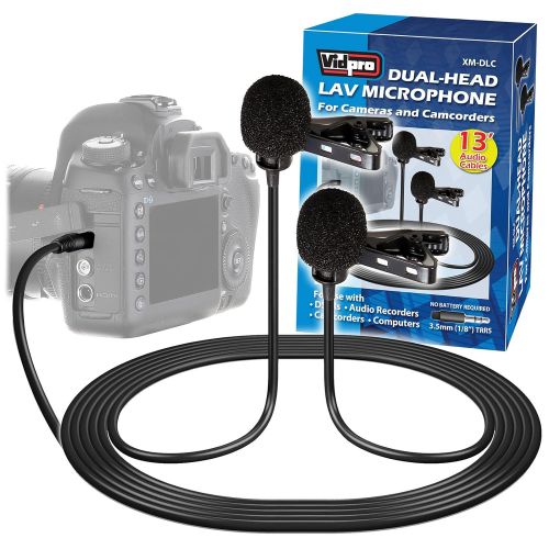  VidPro Vidpro XM-DLC Dual-Head Interview Lavalier Microphone for DSLR Cameras & Camcorders with LED Video Light + Right Angle Bracket + Kit