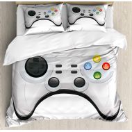 Video Lunarable Gamer Duvet Cover Set, Modern Gamepad with Colorful Action Buttons with Joysticks and D-Pad, Decorative 3 Piece Bedding Set with 2 Pillow Shams, Queen Size, Charcoal Grey
