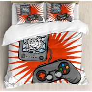 Lunarable Games Duvet Cover Set, Kids Video Games Themed Design in Retro Style Gamepad Console Entertainment, Decorative 3 Piece Bedding Set with 2 Pillow Shams, Queen Size, Orange