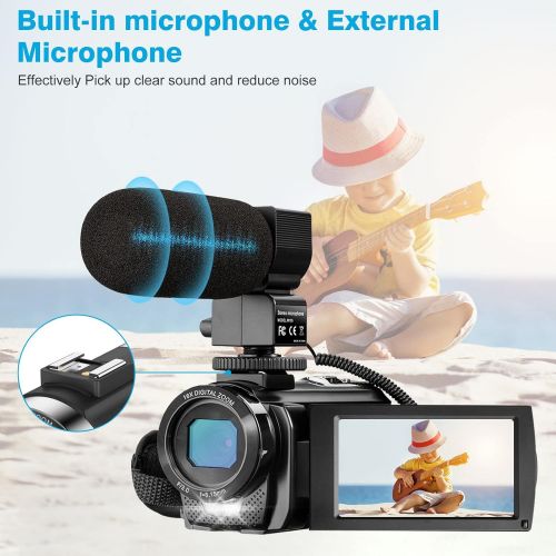  Video Camera Camcorder VideoSky Vlogging Camera for YouTube Full HD 1080P 24MP 30FPS 16X Zoom Digital Camera with 3.0 Inch 270° Rotation IPS Screen, Fill Light, Microphone, 2.4G Re