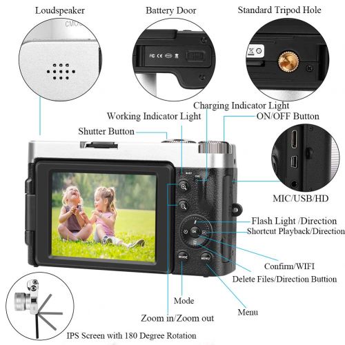  Digital Camera Vlogging Camera, Full HD 1080p 24.0MP VideoSky Video Camera Camcorder with Wide Angle Lens, 3.0 IPS Flip Screen,16X Digital Zoom,WiFi Function Camera Recorder (Two B