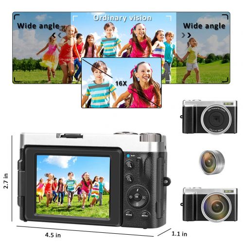  Digital Camera Vlogging Camera, Full HD 1080p 24.0MP VideoSky Video Camera Camcorder with Wide Angle Lens, 3.0 IPS Flip Screen,16X Digital Zoom,WiFi Function Camera Recorder (Two B