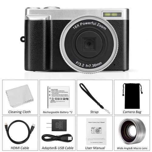  Digital Camera Vlogging Camera, Full HD 1080p 24.0MP VideoSky Video Camera Camcorder with Wide Angle Lens, 3.0 IPS Flip Screen,16X Digital Zoom,WiFi Function Camera Recorder (Two B