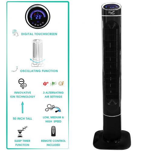  Vie Air 50 Luxury Digital 3 Speed High Velocity Tower Fan with Fresh Air Ionizer and Remote Control in Sleek Black