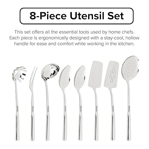  Viking Culinary 304 Stainless Steel Kitchen Utensil Set, Ergonomic Stay-Cool Handles, Dishwasher Safe, Silver, 8 Piece