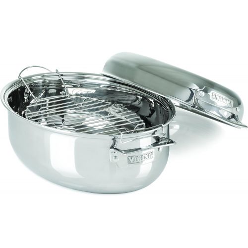  Viking 3-Ply Stainless Steel Oval Roaster with Metal Induction Lid and Rack, 8.5 Quart