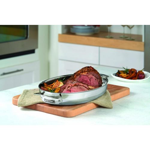  Viking 3-Ply Stainless Steel Oval Roaster with Metal Induction Lid and Rack, 8.5 Quart