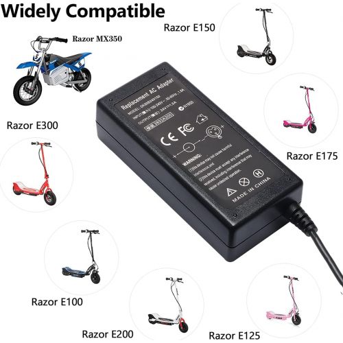  VillaCool MX350 E100 E175 Electric Scooter Battery Charger for Razor E150 E200 E200S E225 E300 E325 E350 E400 E500 MX400 ZR350 E500S,Pocket Mod, Sports Mod and Dirt Quad 3-Prong In