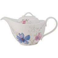 Villeroy & Boch Mariefleur Gris Basic Teekanne, stilvolle Kanne mit filigranem Blumendekor aus Premium Porzellan, spuelmaschinenfest, 1.2 l