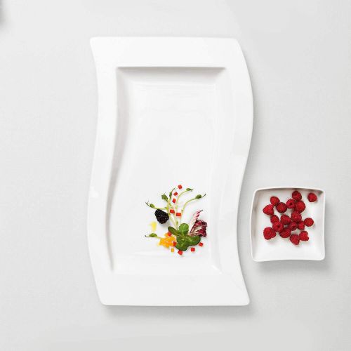  Villeroy & Boch NewWave Servierplatte, eckiger Servierteller, mit geschwungenen Linien, Premium Porzellan, spuelmaschinengeeignet, weiss, 49 x 30 cm