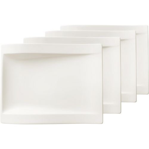  [아마존베스트]Villeroy & Boch Newwave Rectangular Salad Plate 26x20cm (25252646) Elegant Premium Porcelain, Curved Shape Suitable for 4Persons4x Plate, White, 31.7x