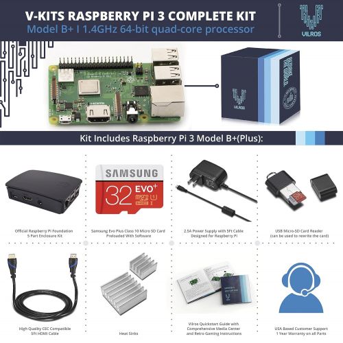  Vilros V-Kits Raspberry Pi 3 Model B+ (Plus) Complete Starter Kit with Official Black Case [LATEST MODEL 2018]