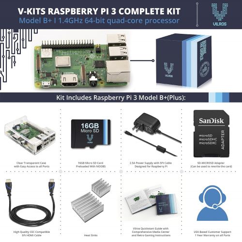  Vilros V-Kits Raspberry Pi 3 B+ (B Plus) Complete Starter Kit (16GB & Clear Case Edition) [Latest Model 2018]