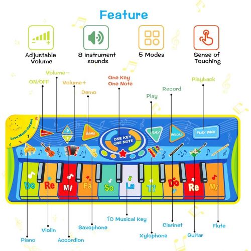  [아마존베스트]Vimpro Kids Musical Mats, Musical Piano Mat 19 Keys Keyboard Play Mat Children Foot Touch Play for Kids Baby Girls Boys Educational Toy - 50.7 X18.9, Blue